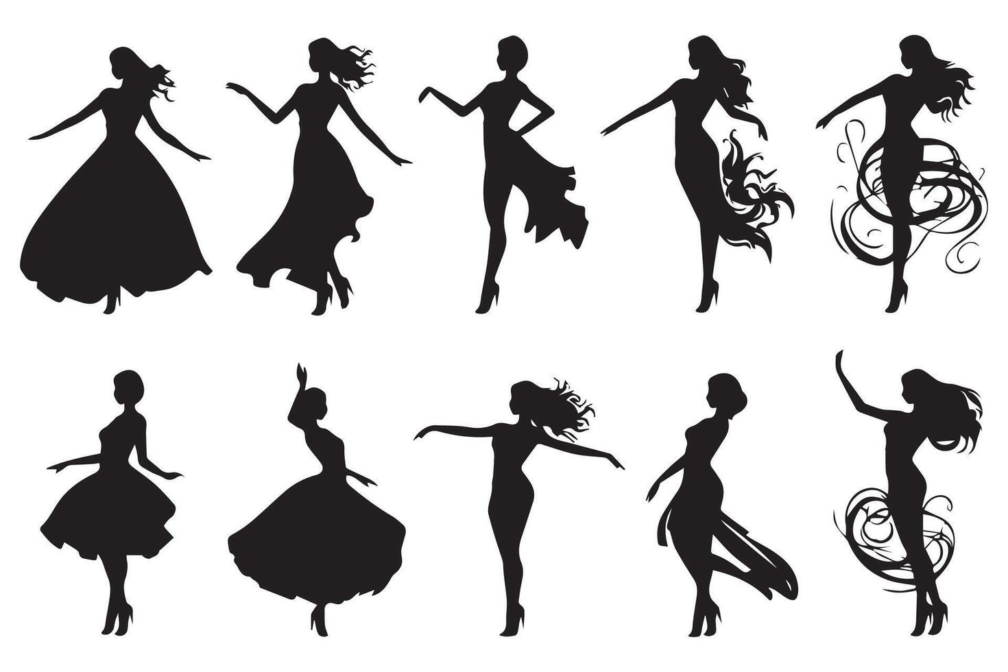 set bundle of silhouettes dancer girl illustration vector
