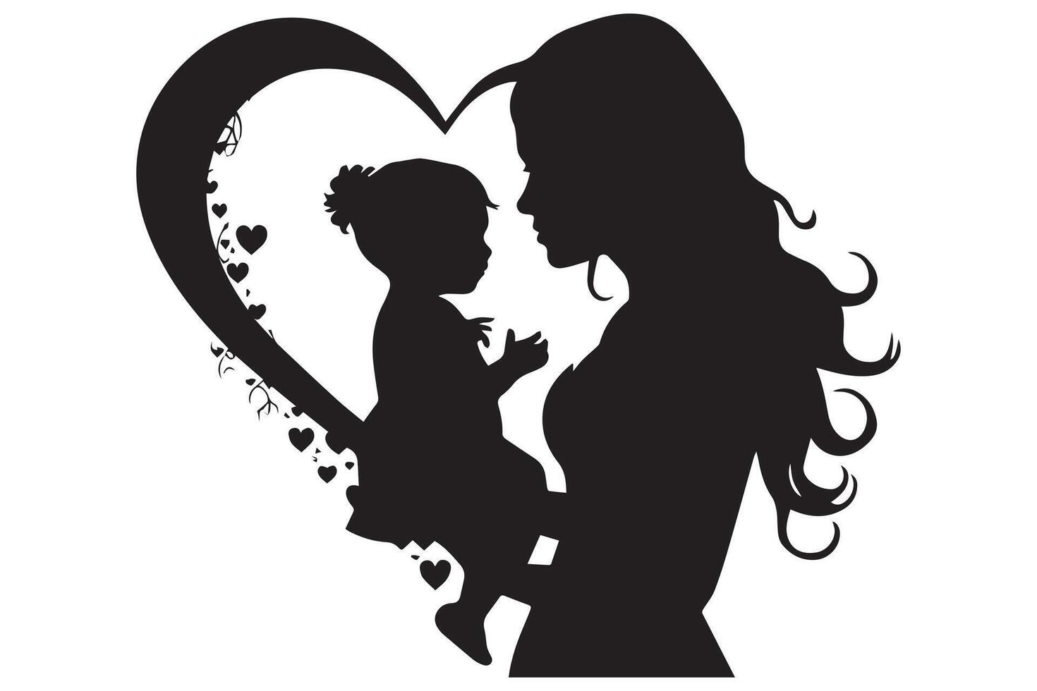 Mother with her baby, heart, outline silhouette vector