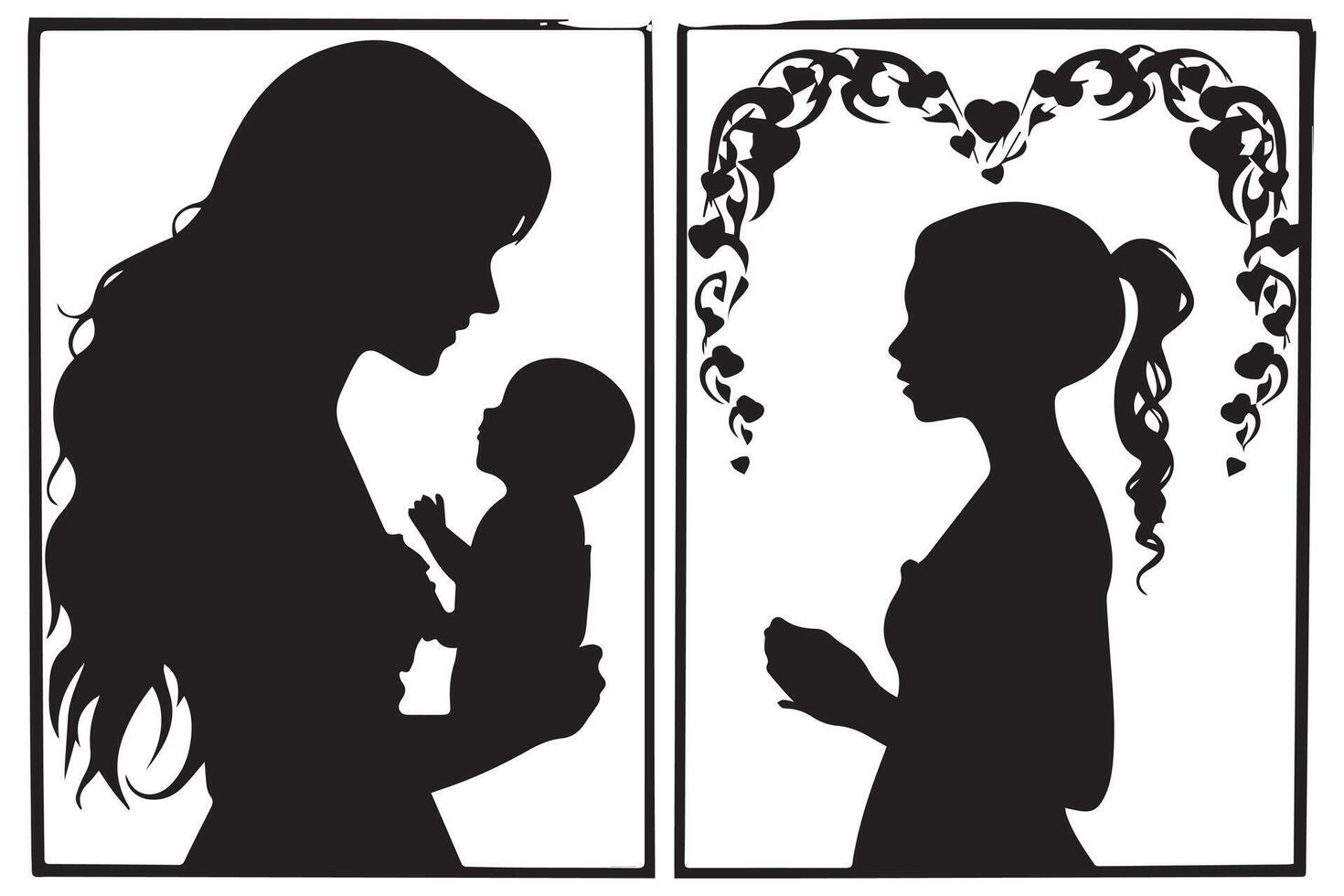 Mother with her baby, heart, outline silhouette vector