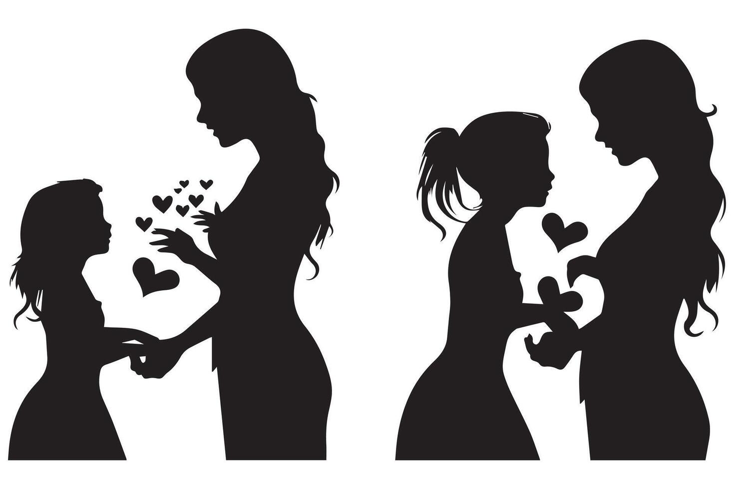 Mother with her baby, heart, outline silhouette vector