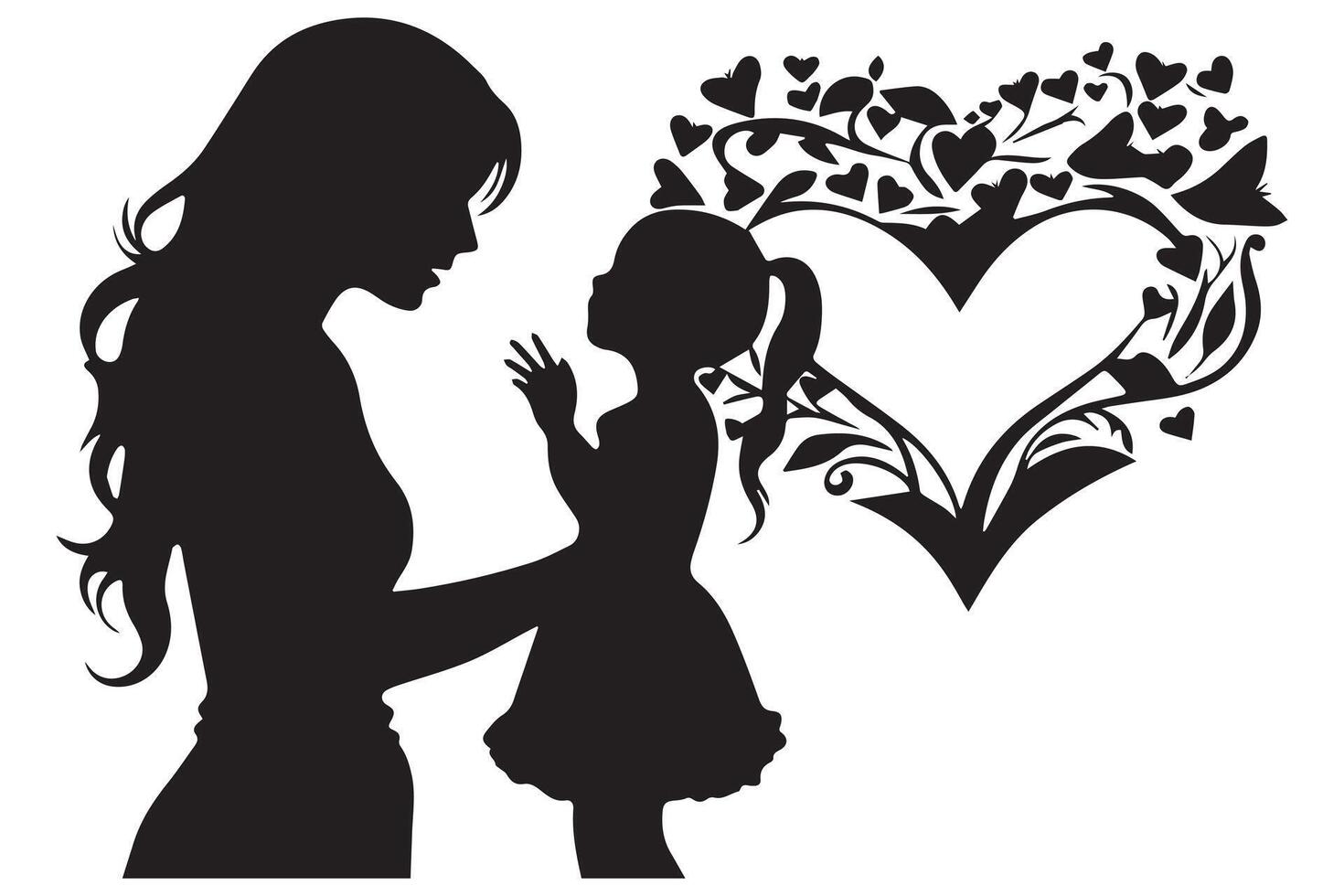 Mom and child love in the style of silhouette white backgroundmother and daughter silhouette in the heart shape, silhouette of a girl with heart vector