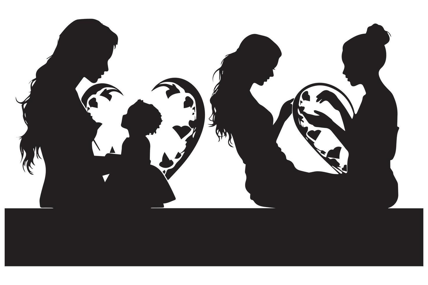 Mother with her baby, heart, outline silhouette vector
