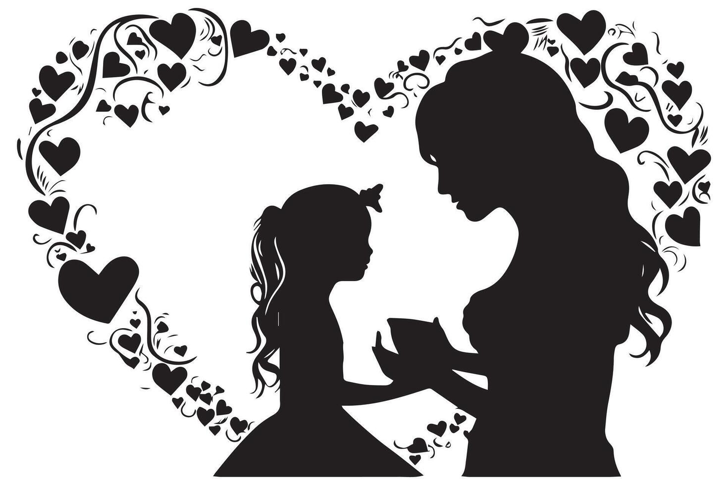 Mother with her baby, heart, outline silhouette, mother care icon on white background vector