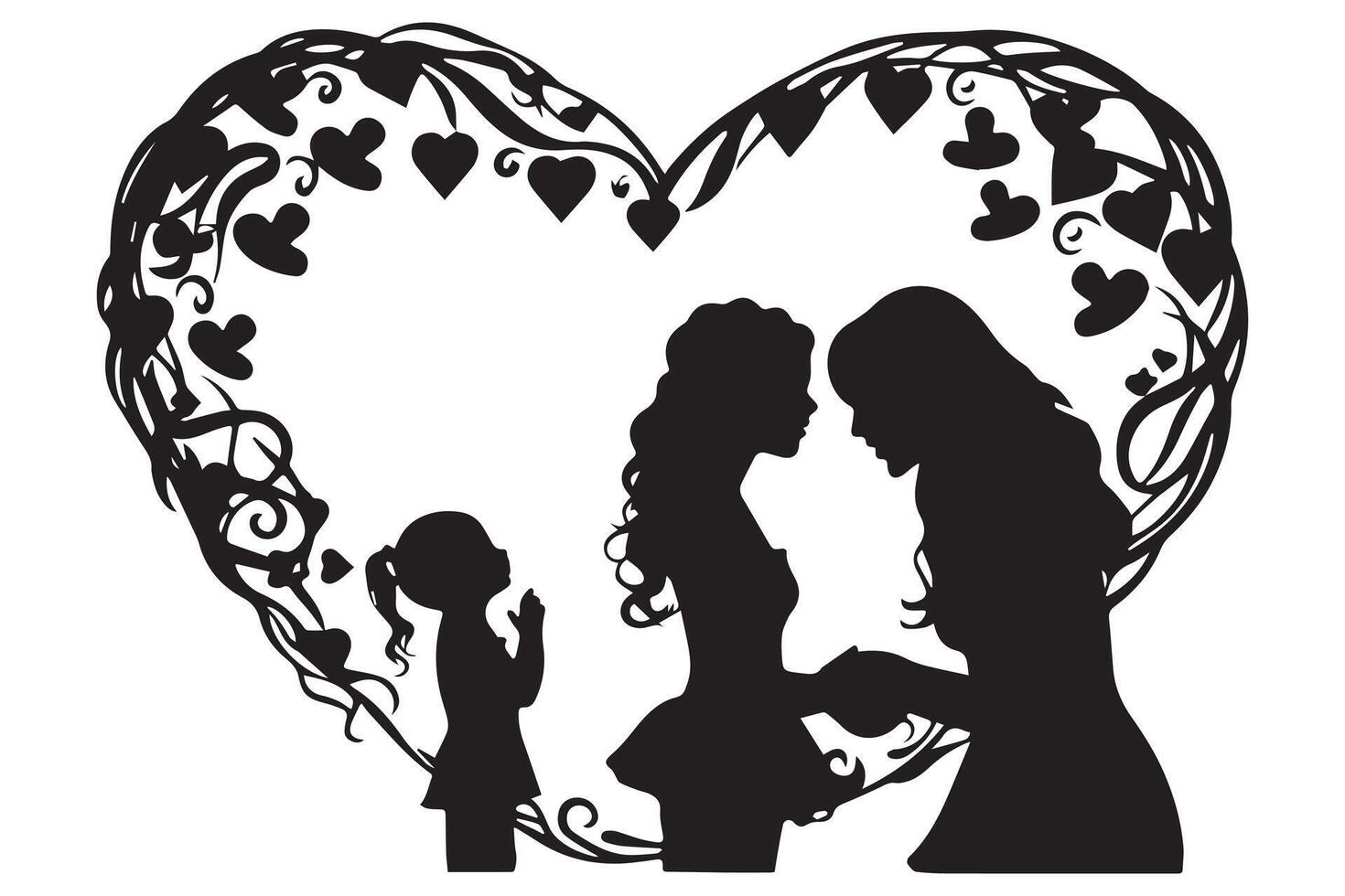 Mother with her baby, heart, outline silhouette, mother care icon on white background vector