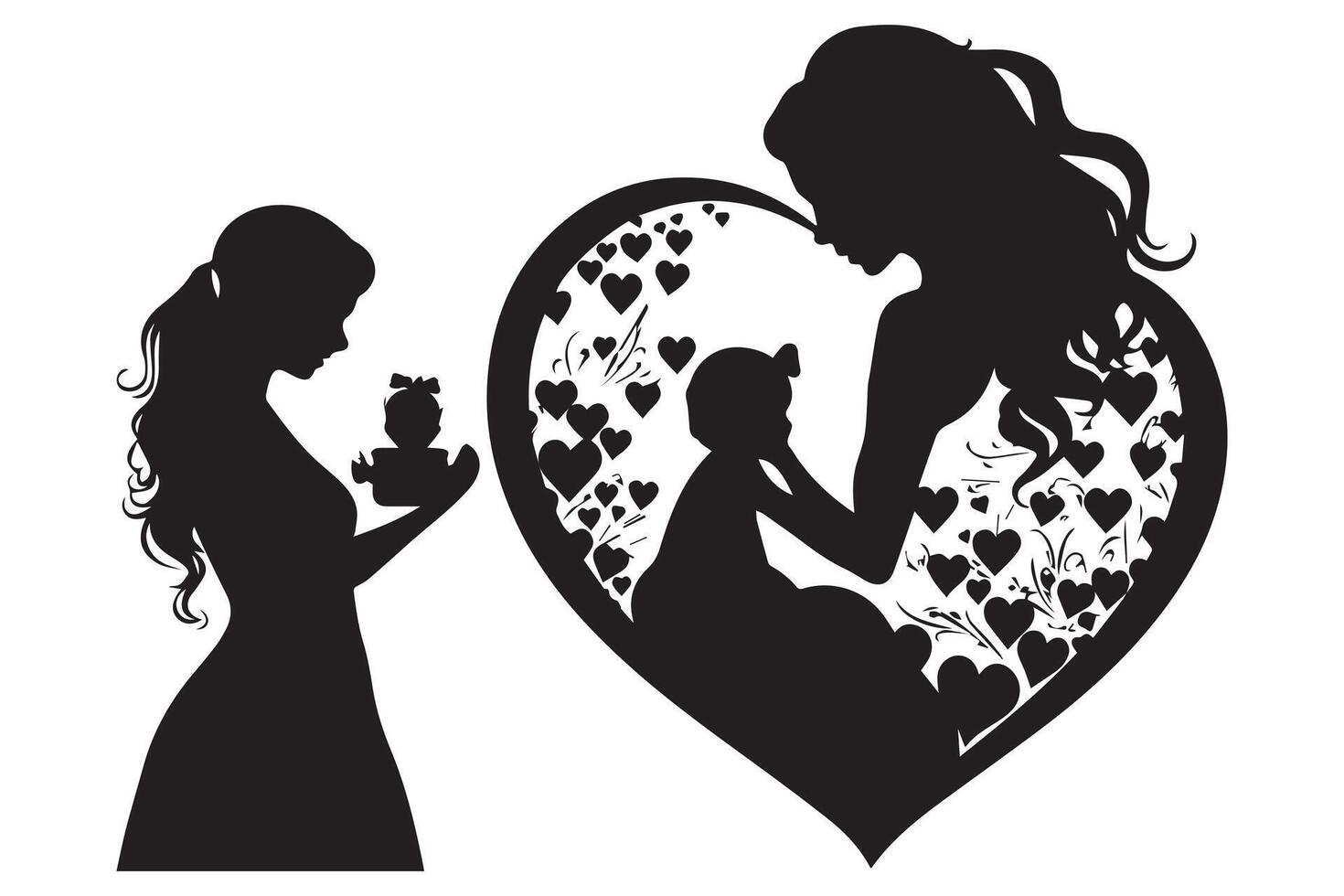 A Mother And Daughter Silhouette In The Heart Shape vector