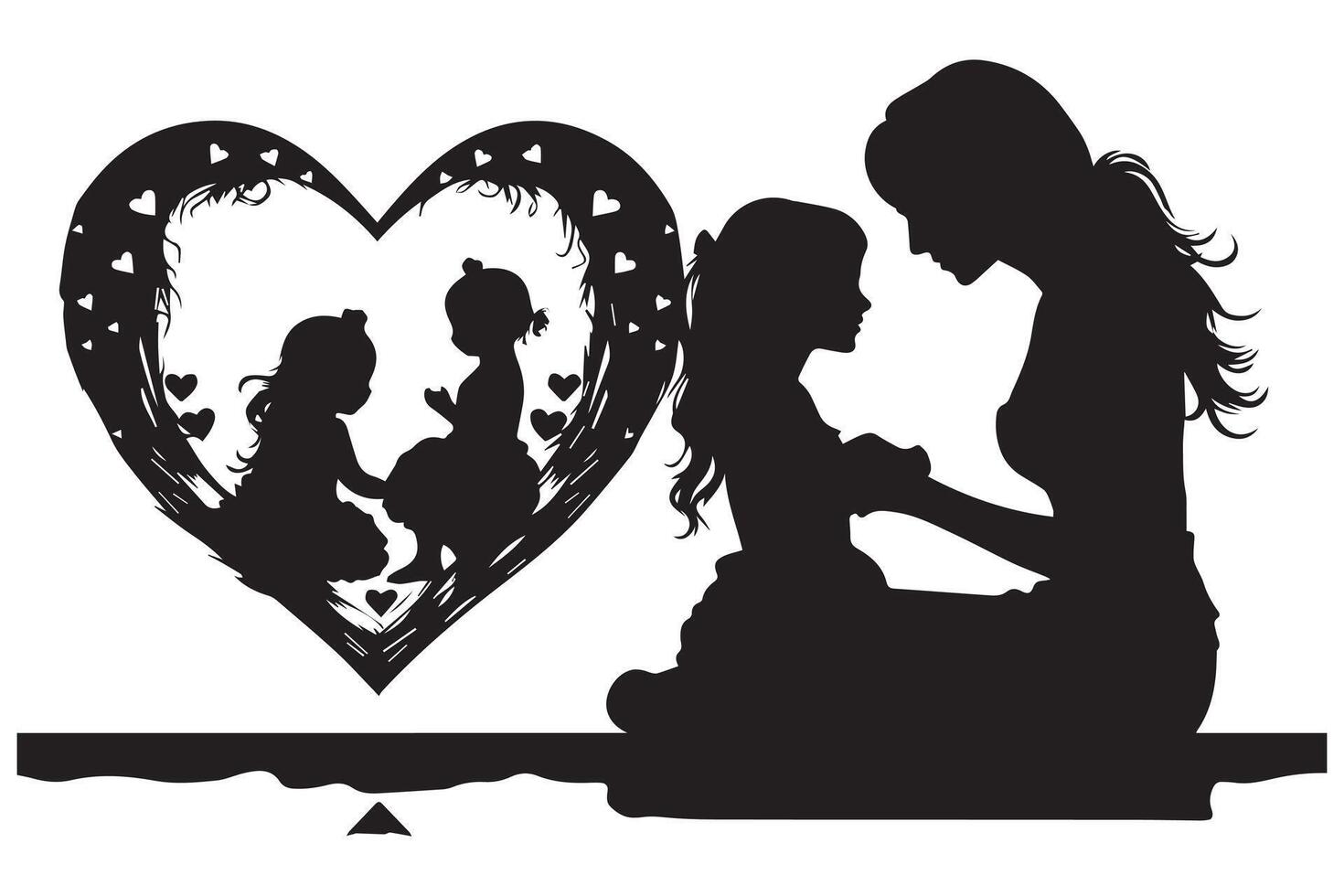 Mom and child love in the style of silhouette white backgroundmother and daughter silhouette in the heart shape, silhouette of a girl with heart vector