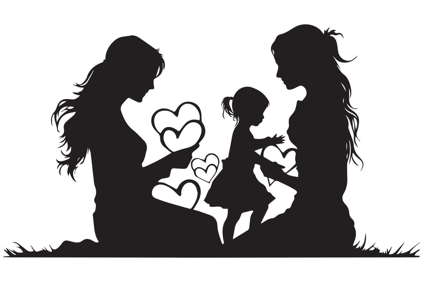 Mother with her baby, heart, outline silhouette vector