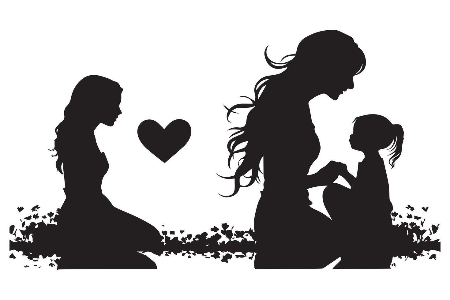 Mom and child love in the style of silhouette white backgroundmother and daughter silhouette in the heart shape, silhouette of a girl with heart vector