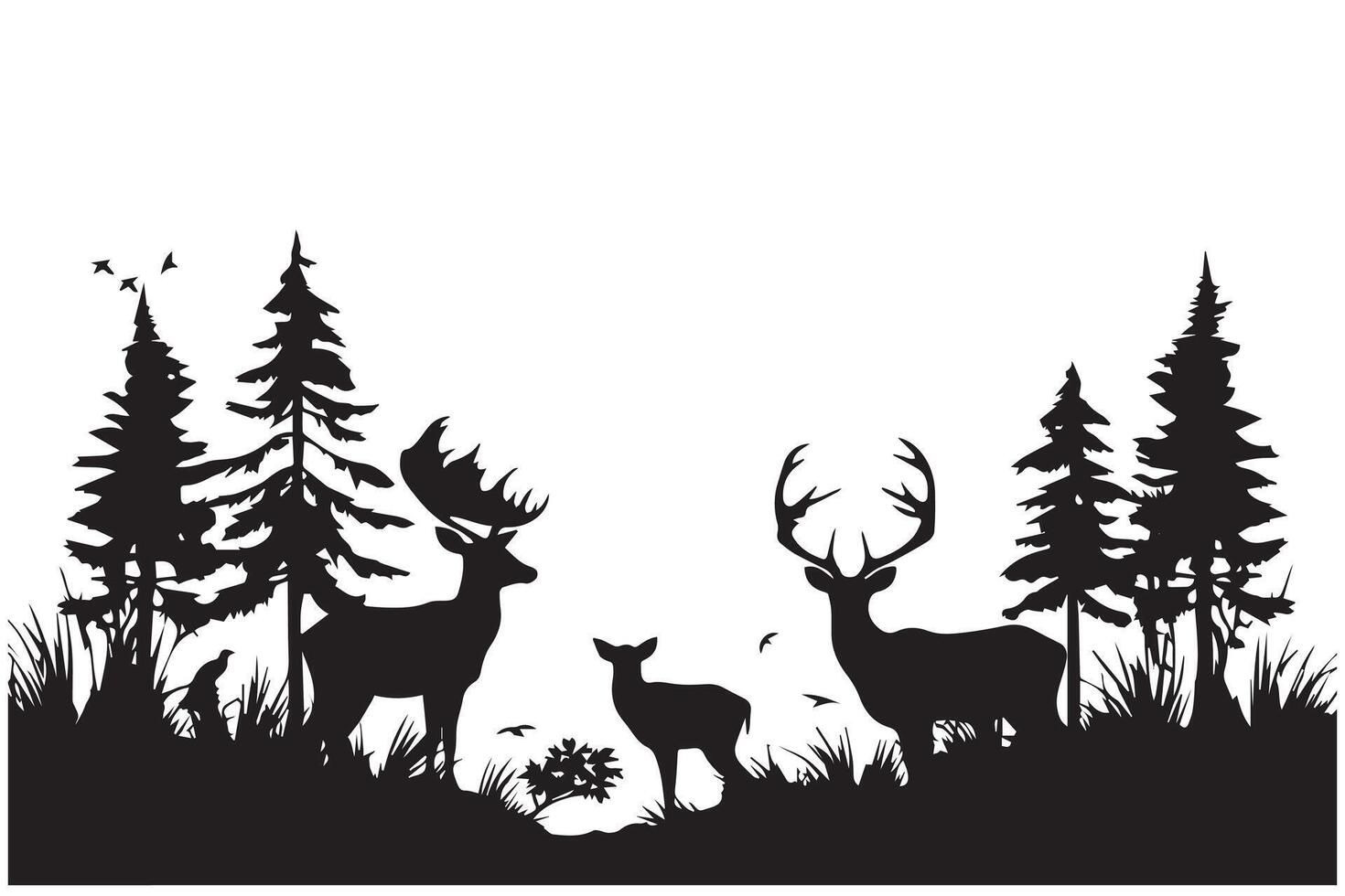 silhouette forest and deer family vector