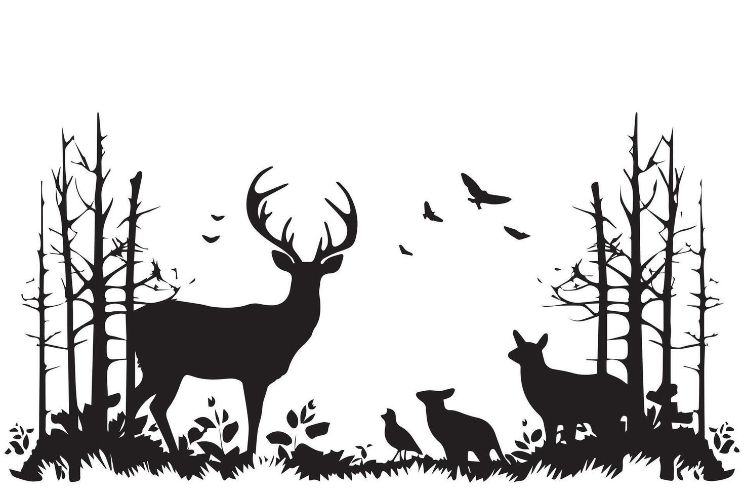 Forest trees deer family silhouettes vector