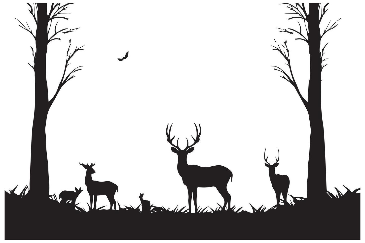 composition Forest silhouette landscape. Black and white isolated elements Element for design. Young deer at the edge vector