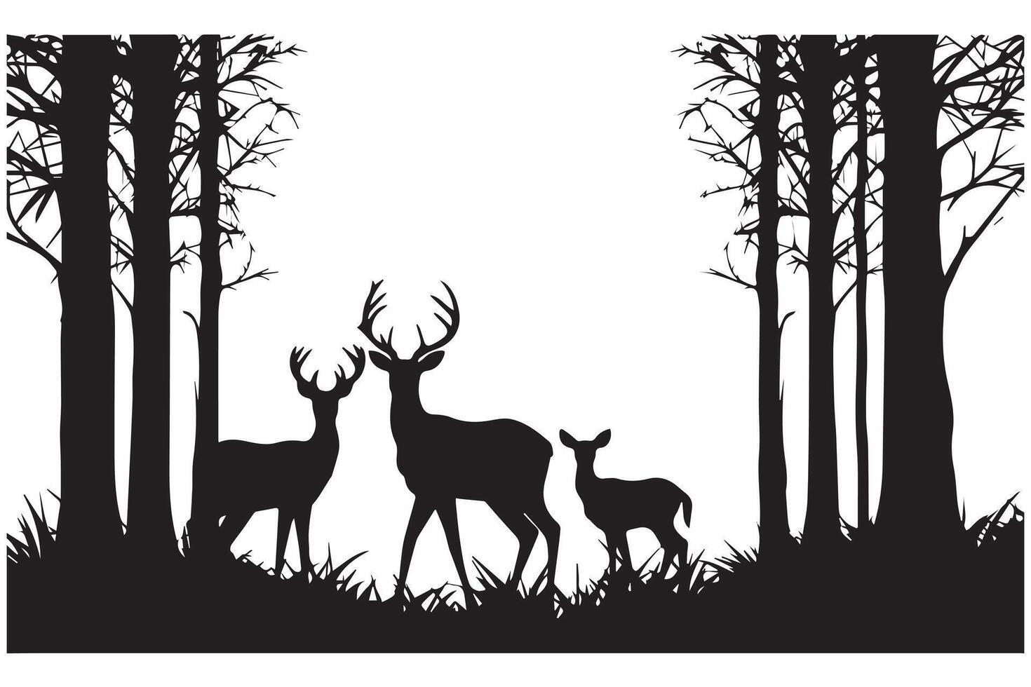 silhouette forest and deer family vector