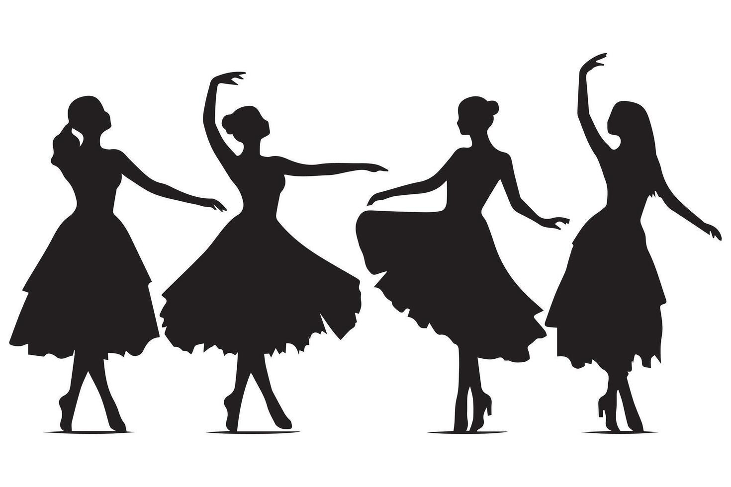 Dancing Girl Group Black Silhouette Female Figure Isolated Over White Background Illustration vector