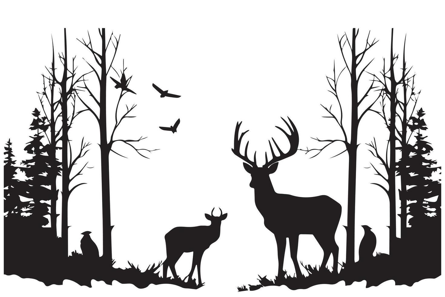 composition Forest silhouette landscape. Black and white isolated elements Element for design. Young deer at the edge vector