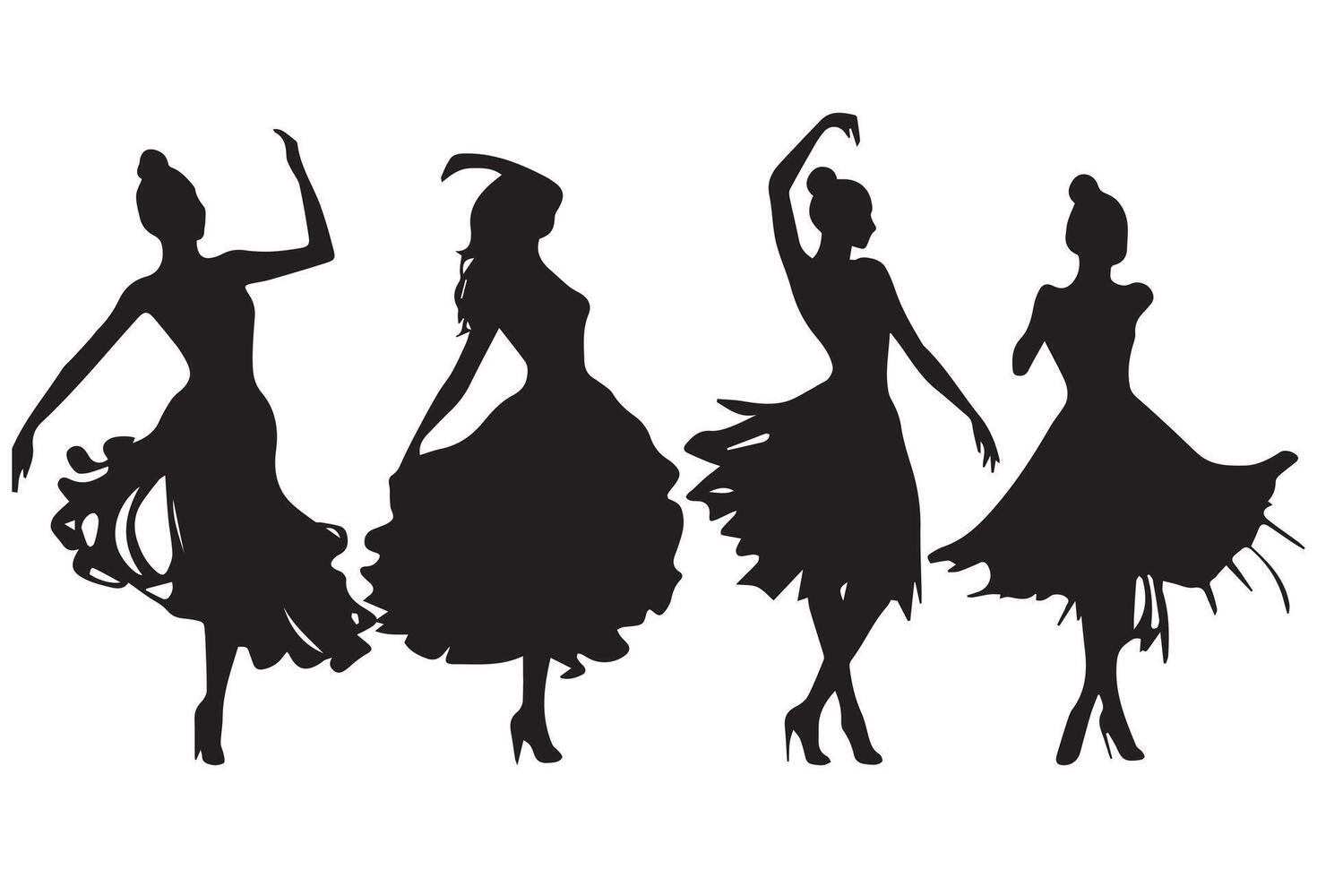 bailando niña grupo negro silueta hembra figura aislado terminado blanco antecedentes ilustración vector