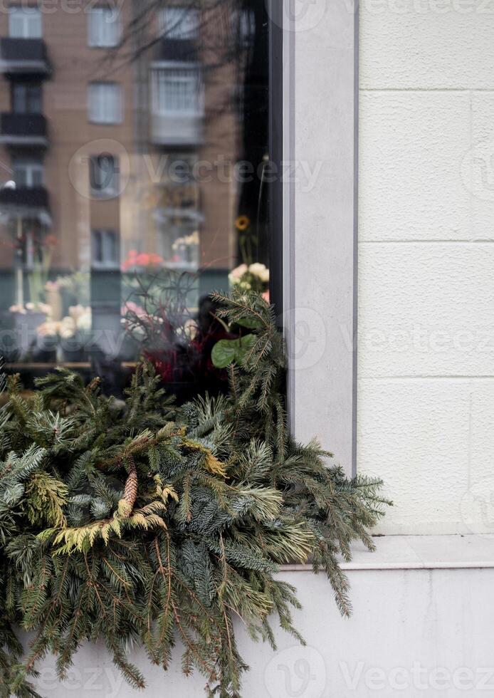 decorated window for Christmas photo