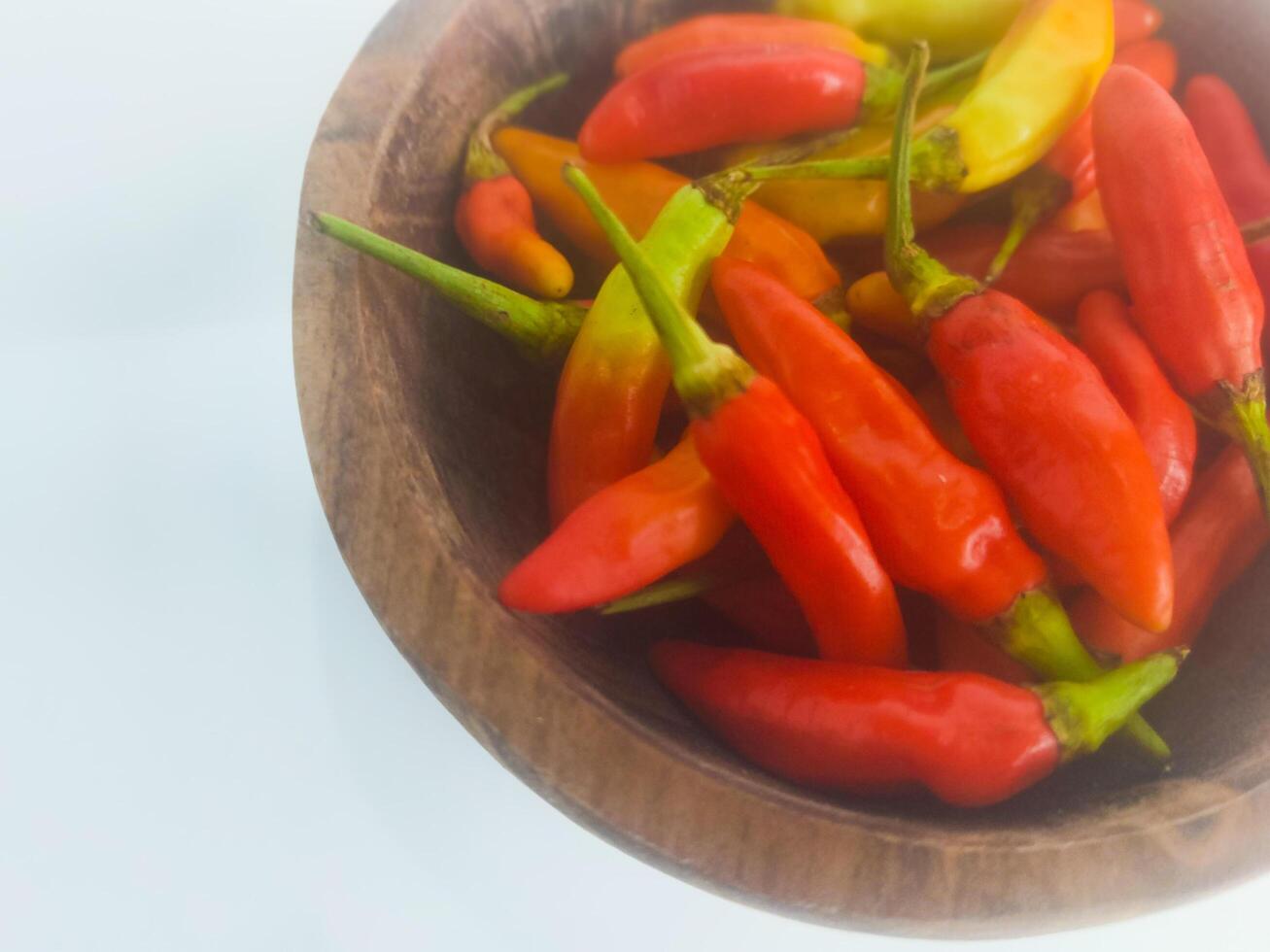 chilies in a small bowl on an isolated white background photo