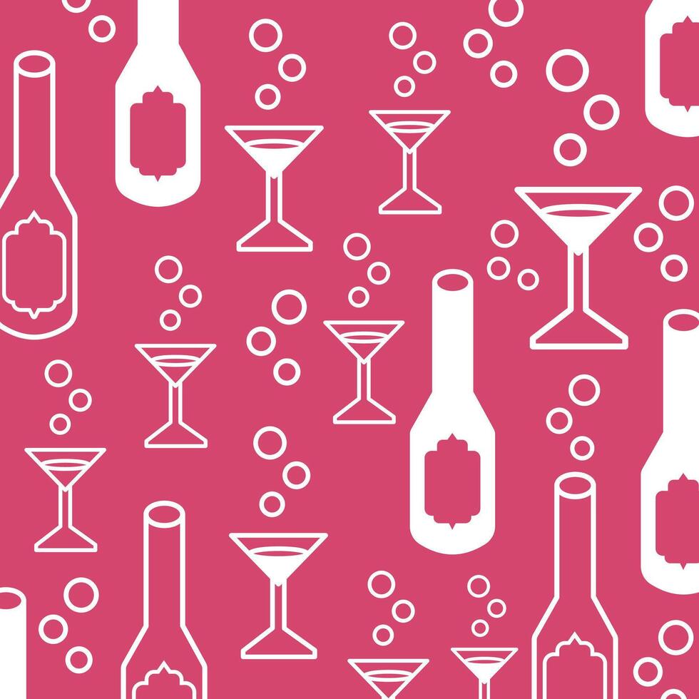 Red pink and white drink alcohol beverage bottle and wine glass icon illustration pattern isolated on square background. Simple flat for poster, wrapping paper, wall art design for prints drawing. vector