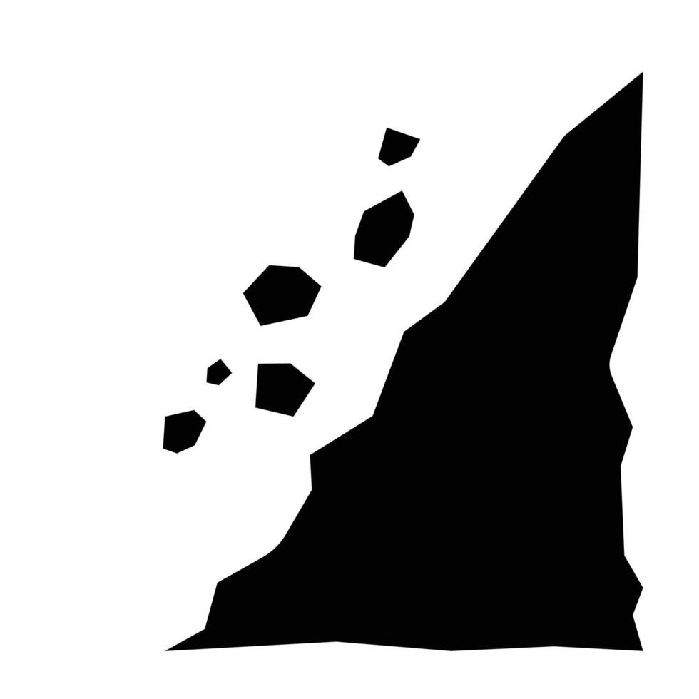 Falling rocks or debris from cliff or mountain shadow silhouette icon illustration isolated on square white background. Simple flat landslide disaster poster design for prints drawings. vector
