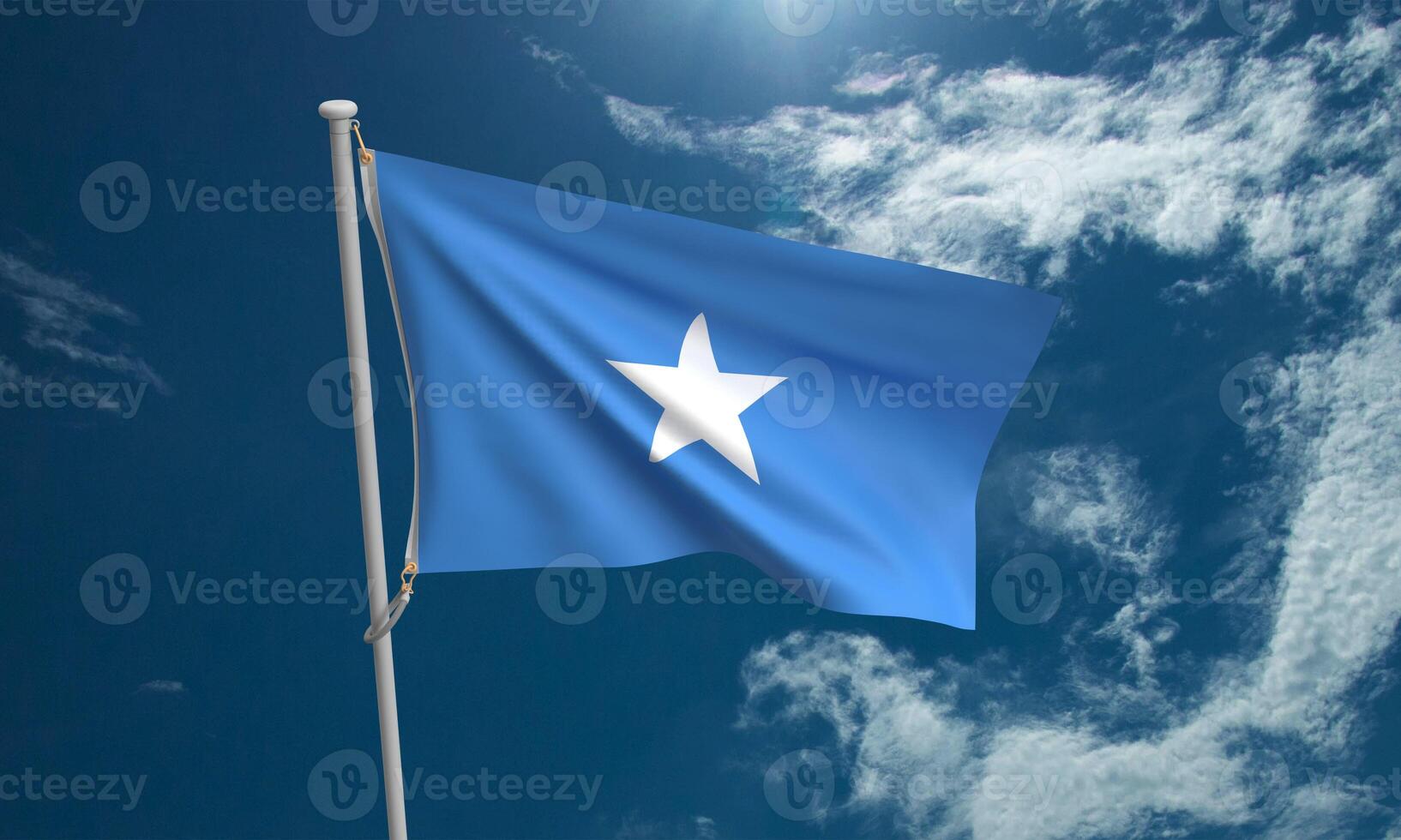 Close up somalia flag blue sky cloud white background star shape patriotism politic government sign country geographic are independence concept israeli pattern insignia abstract conflict freedom cuban photo