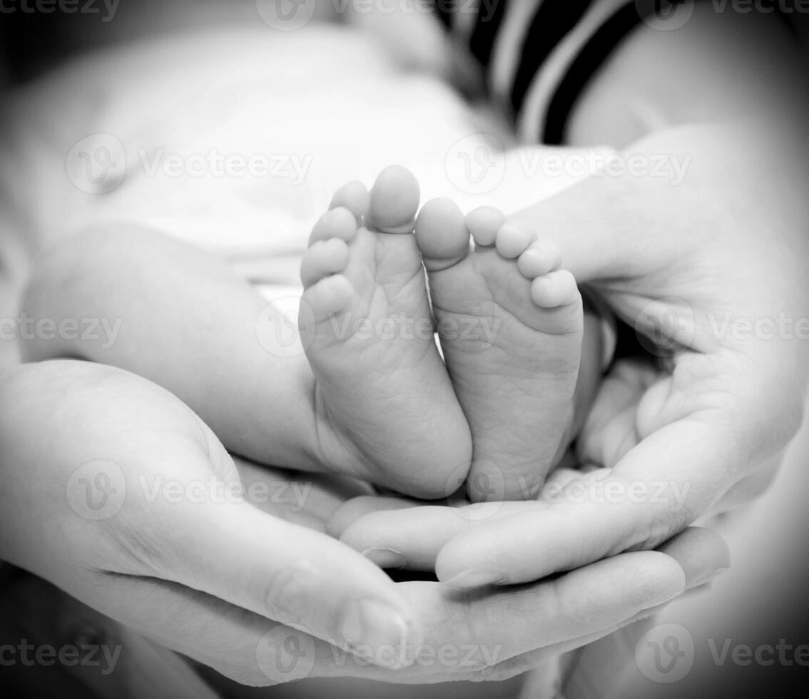 Small feet baby holds his mother in her hands photo