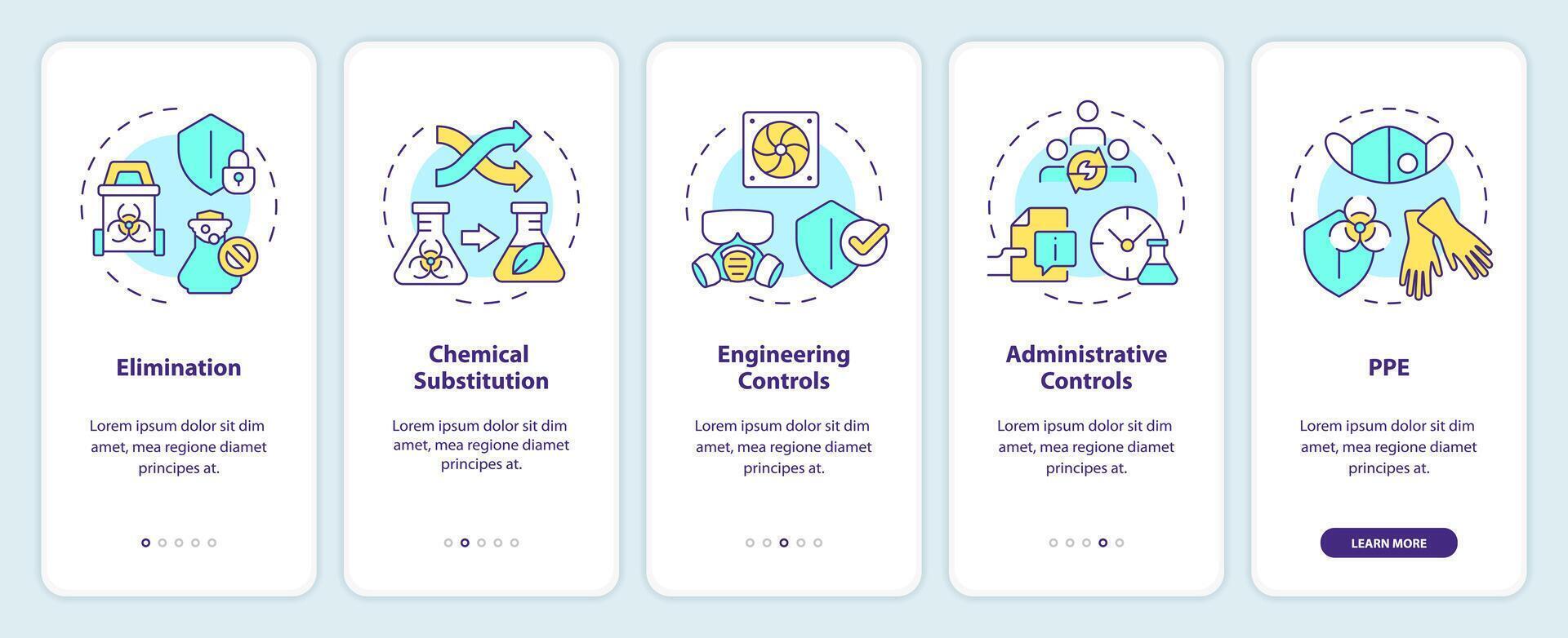 Lab control hierarchy onboarding mobile app screen. Walkthrough 5 steps editable graphic instructions with linear concepts. UI, UX, GUI template vector