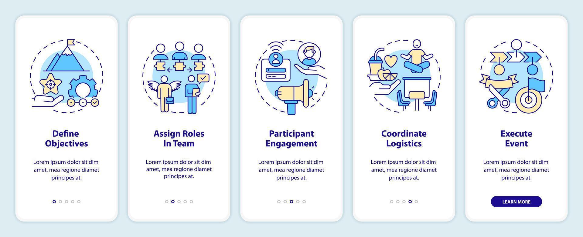 How to organize hackathon onboarding mobile app screen. Walkthrough 5 steps editable graphic instructions with linear concepts. UI, UX, GUI template vector
