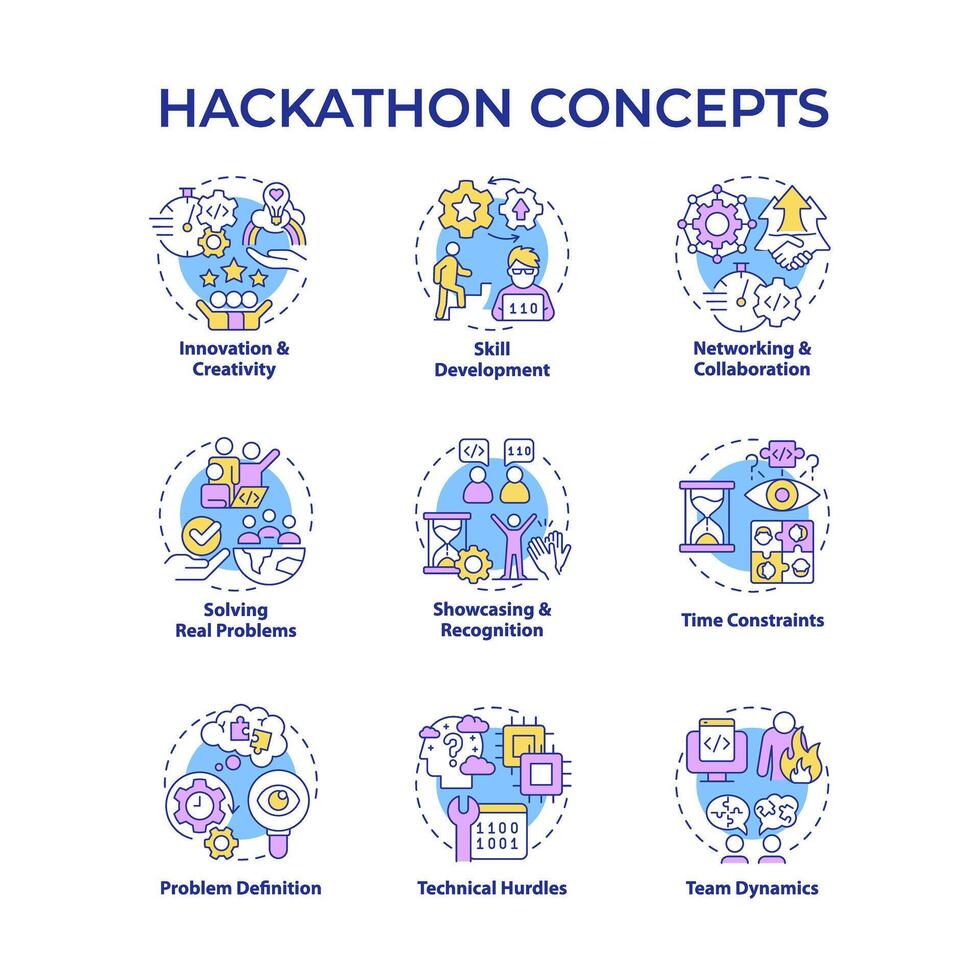 Hackathon multi color concept icons. Tech event for program developers. Tech solutions. Coding competition. Teamwork. Icon pack. Round shape illustrations. Abstract idea vector