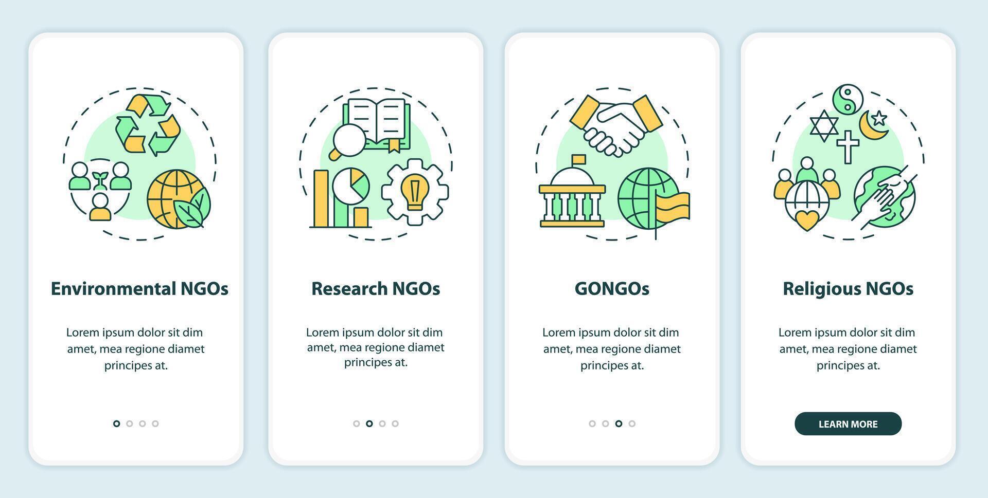 Types of NGOs onboarding mobile app screen. Non profit organizations walkthrough 4 steps editable graphic instructions with linear concepts. UI, UX, GUI template vector