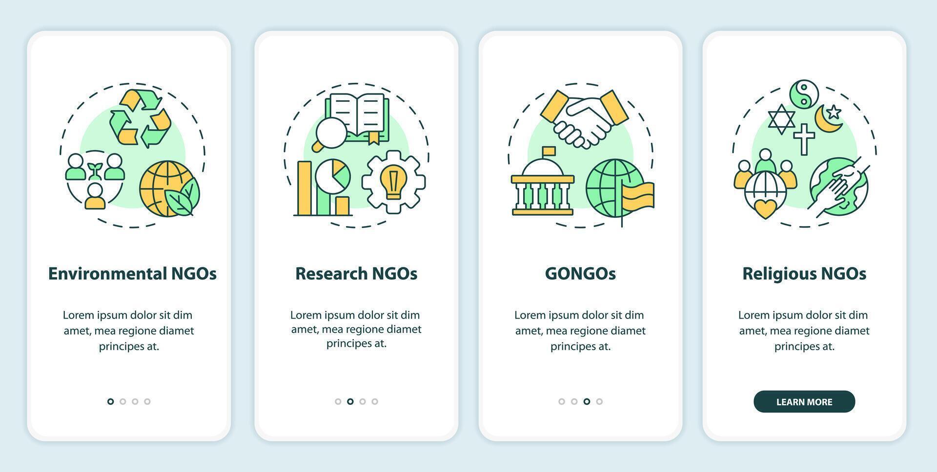 tipos de ong inducción móvil aplicación pantalla. no lucro organizaciones recorrido 4 4 pasos editable gráfico instrucciones con lineal conceptos. ui, ux, gui modelo vector