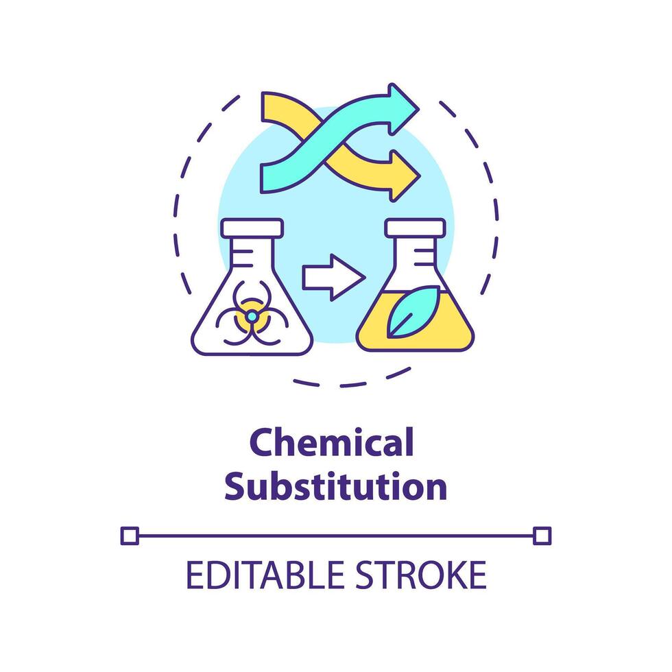 Chemical substitution multi color concept icon. Molecular reaction, chemistry. Ecofriendly synthesis, pollution reduce. Round shape line illustration. Abstract idea. Graphic design. Easy to use vector