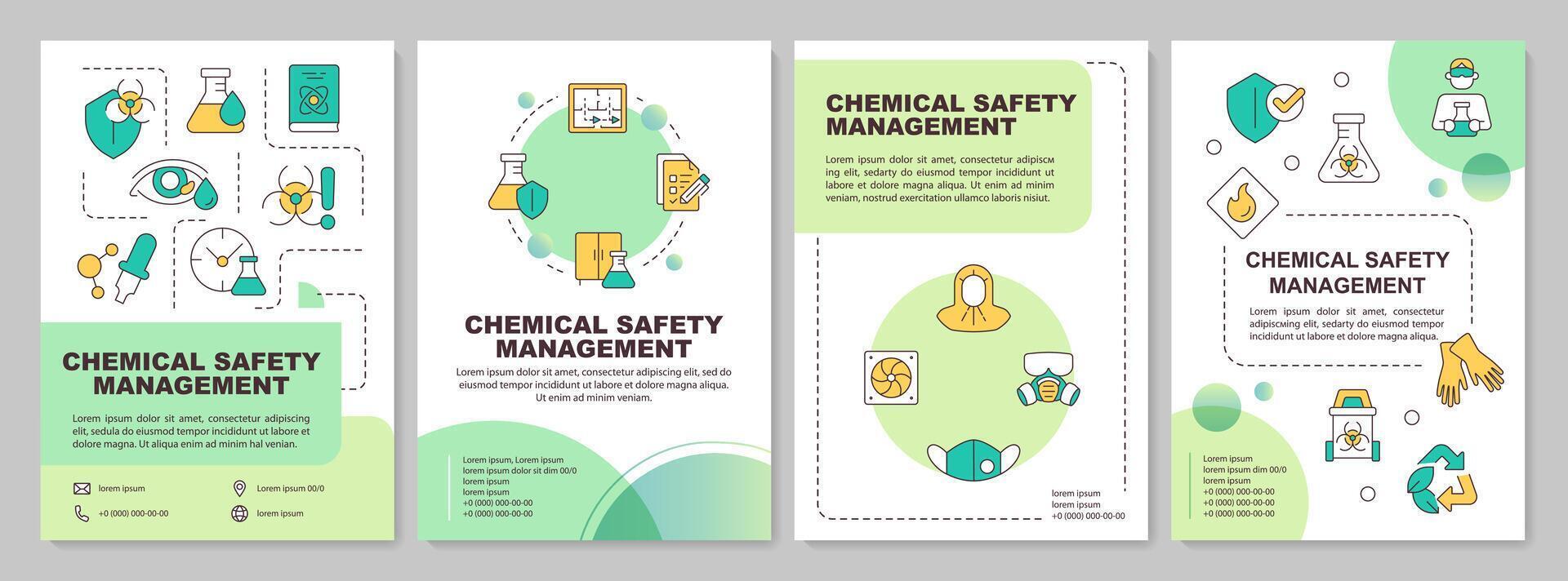 Chemical safety management green circle brochure template. Leaflet design with linear icons. Editable 4 layouts for presentation, annual reports vector