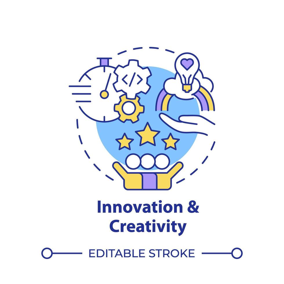 Innovation and creativity multi color concept icon. Hackathon benefit. Idea exchange. Round shape line illustration. Abstract idea. Graphic design. Easy to use in promotional materials vector