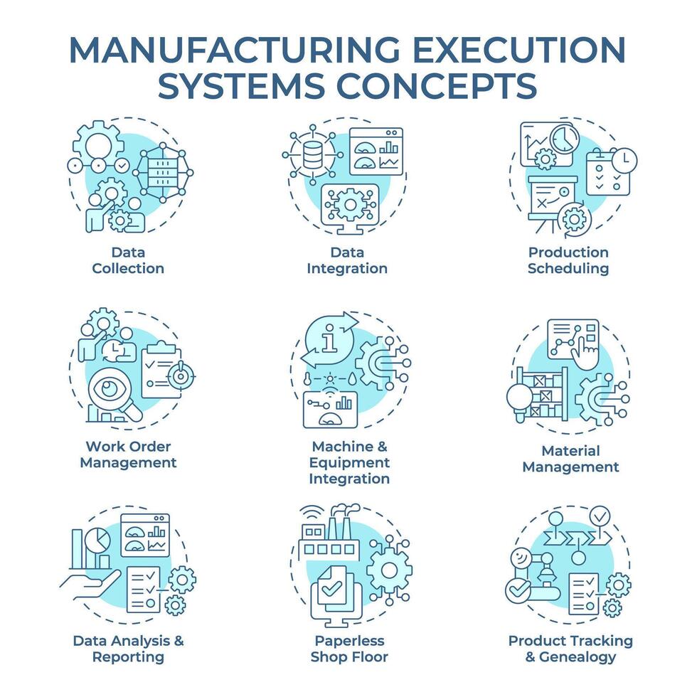 Manufacturing execution systems soft blue concept icons. Production processes optimization. Factory automation, performance. Icon pack. Round shape illustrations. Abstract idea vector