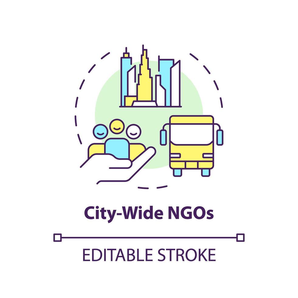 City wide NGOs multi color concept icon. Non governmental organization. Urban planning. Public transport. Round shape line illustration. Abstract idea. Graphic design. Easy to use in article vector