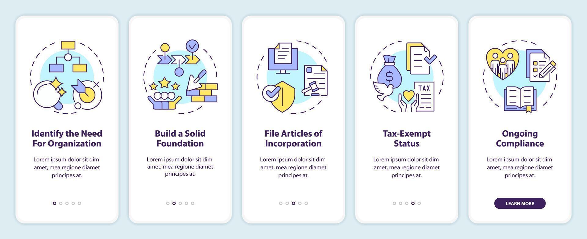 Steps to start NPOs onboarding mobile app screen. Work of NGO walkthrough 5 steps editable graphic instructions with linear concepts. UI, UX, GUI template vector