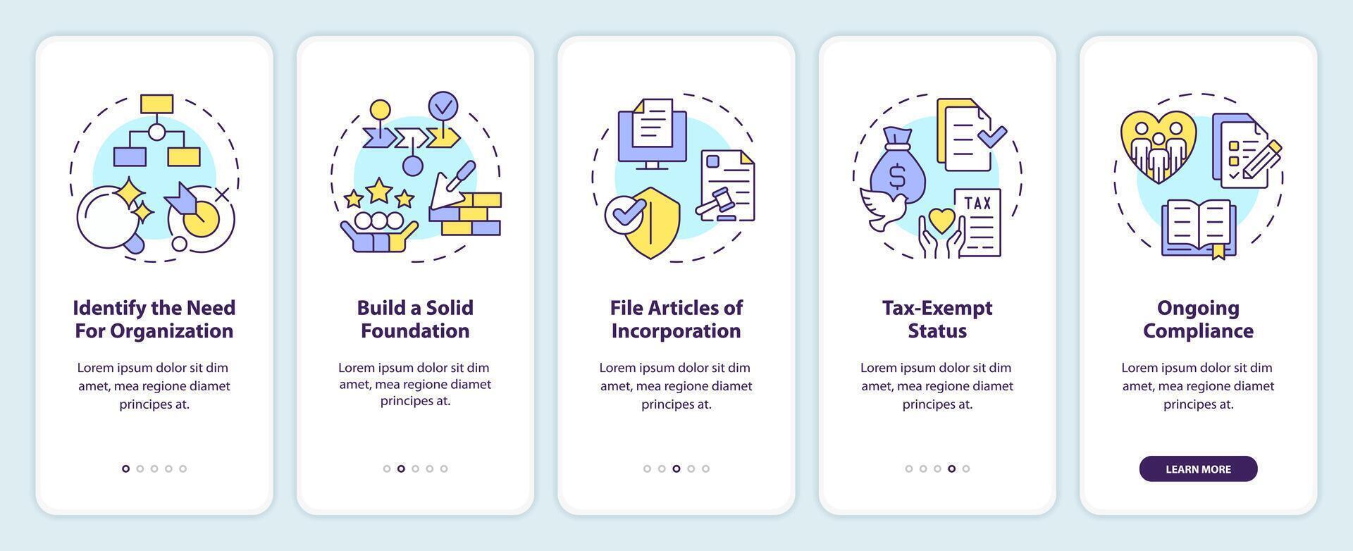 pasos a comienzo npos inducción móvil aplicación pantalla. trabajo de ong recorrido 5 5 pasos editable gráfico instrucciones con lineal conceptos. ui, ux, gui modelo vector