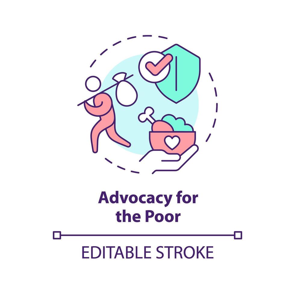 Advocacy for poor multi color concept icon. Poverty alleviation. Feeding poor. Social issue. Role of NGO. Round shape line illustration. Abstract idea. Graphic design. Easy to use in article vector