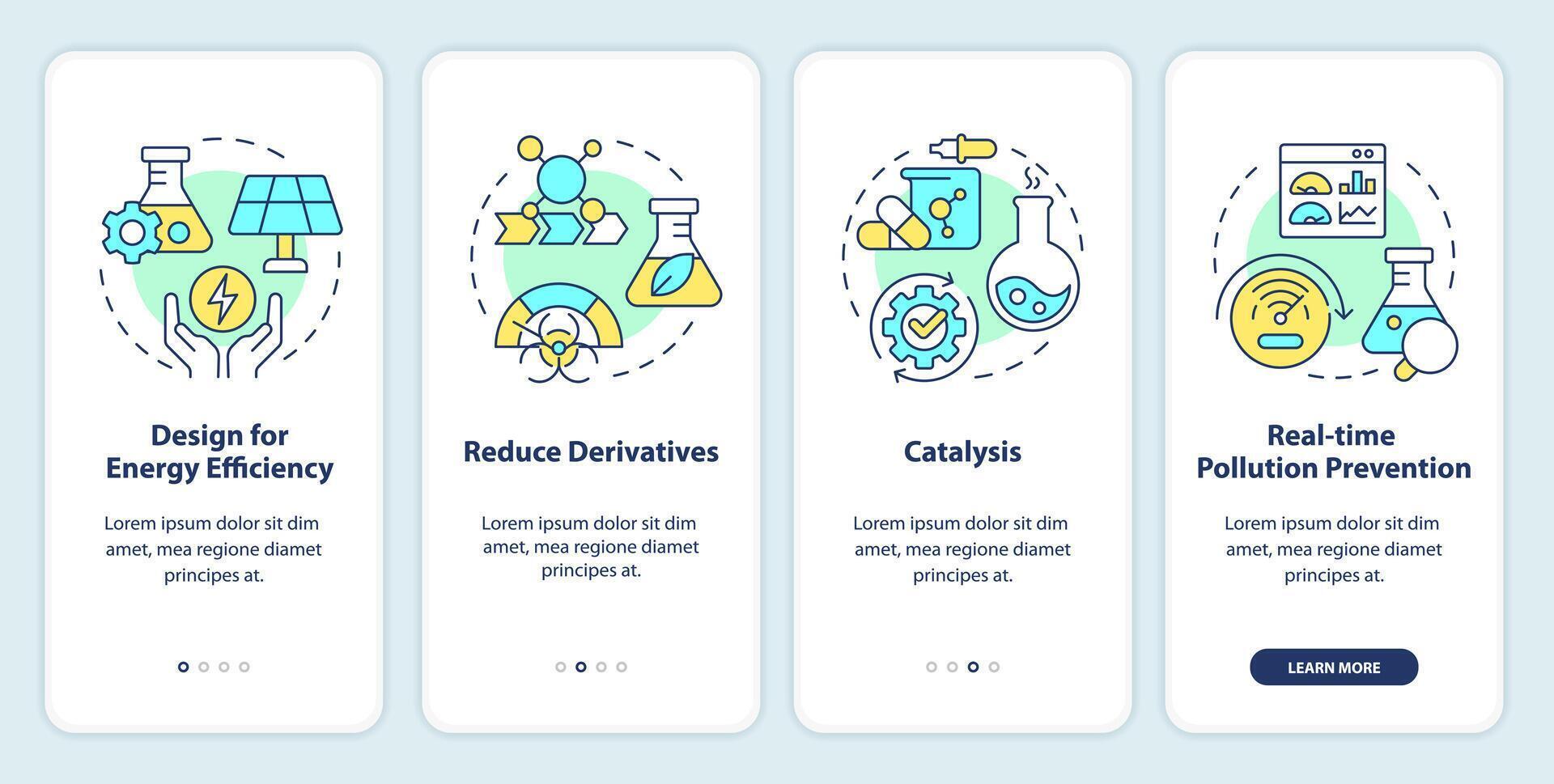 Green chemistry basics onboarding mobile app screen. Walkthrough 4 steps editable graphic instructions with linear concepts. UI, UX, GUI template vector