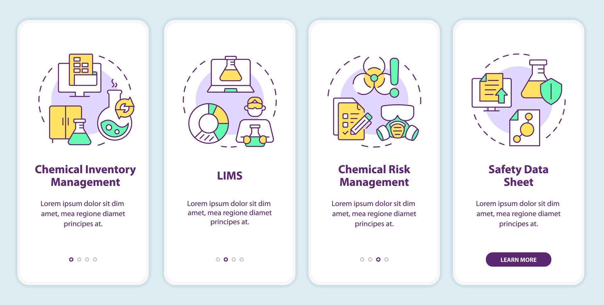 Chemical management onboarding mobile app screen. Safety measures. Walkthrough 4 steps editable graphic instructions with linear concepts. UI, UX, GUI template vector
