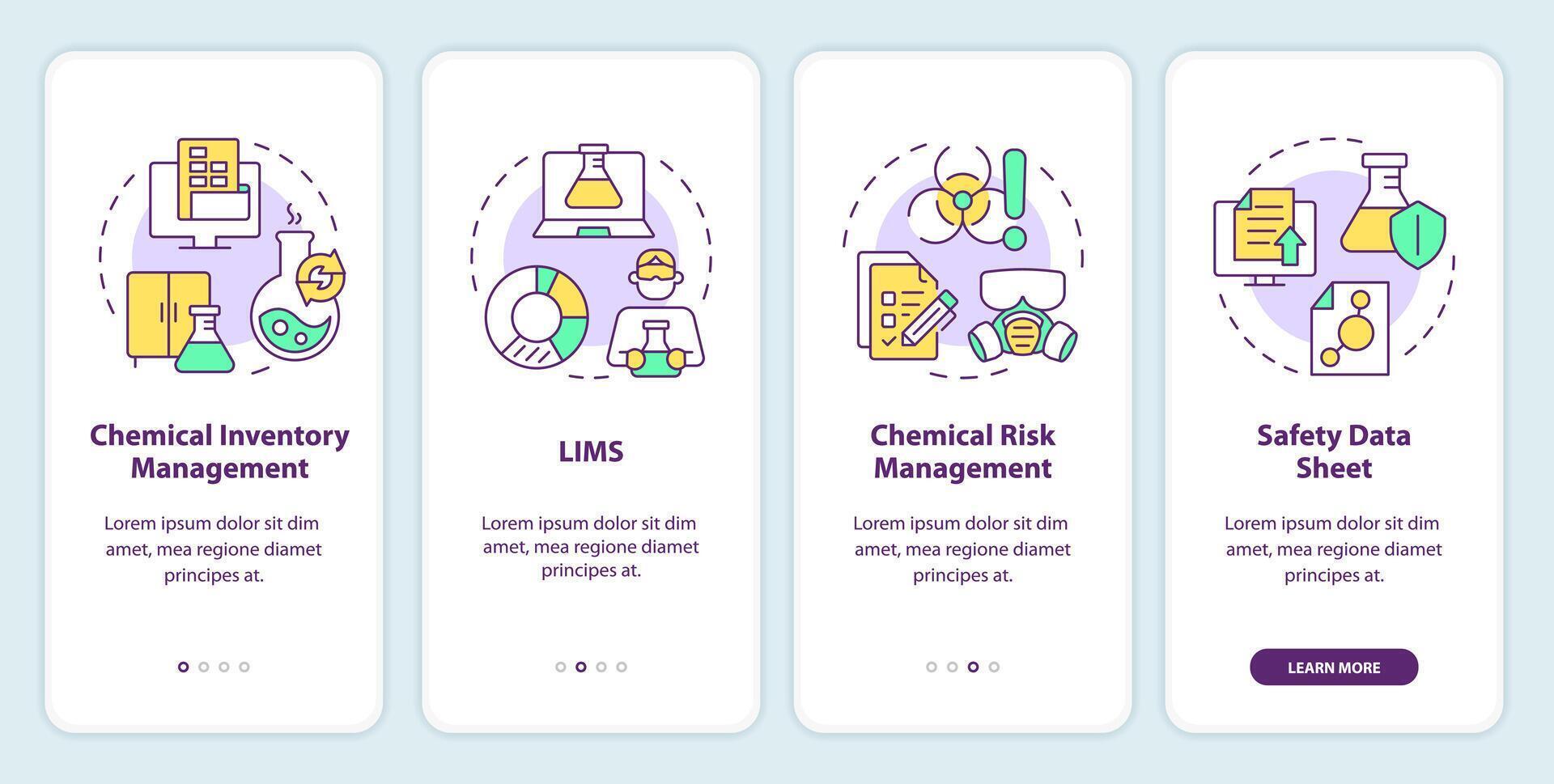 químico administración inducción móvil aplicación pantalla. la seguridad medidas. recorrido 4 4 pasos editable gráfico instrucciones con lineal conceptos. ui, ux, gui modelo vector