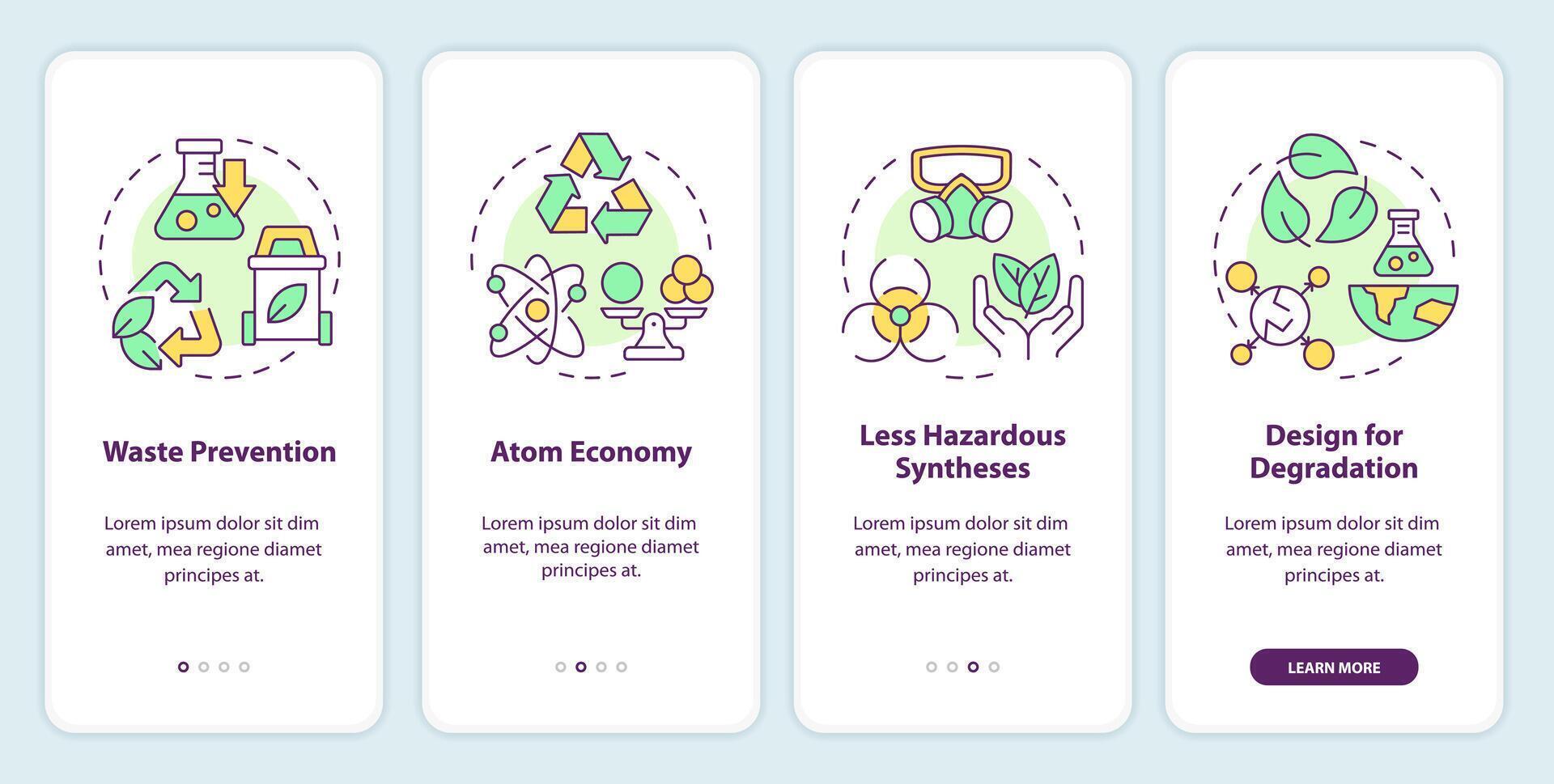 Green chemistry key principles onboarding mobile app screen. Walkthrough 4 steps editable graphic instructions with linear concepts. UI, UX, GUI template vector