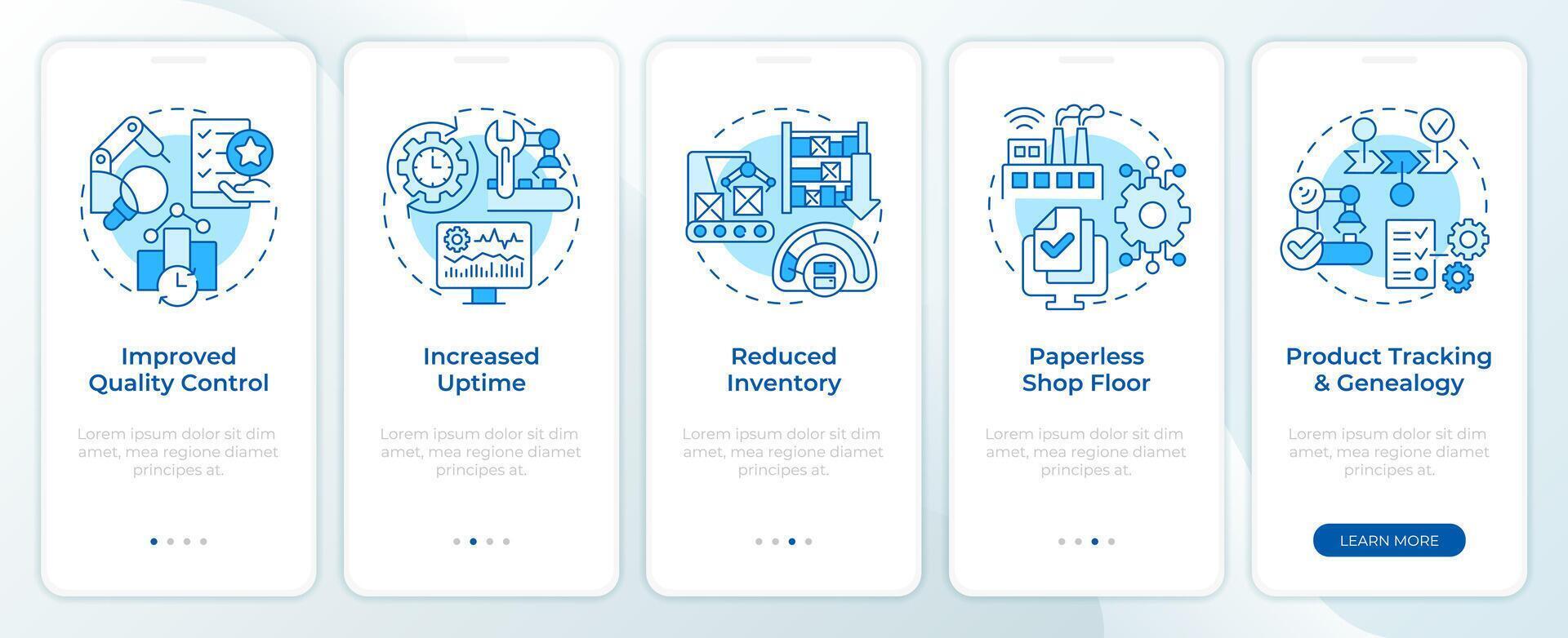 Industrial controls blue onboarding mobile app screen. Walkthrough 5 steps editable graphic instructions with linear concepts. UI, UX, GUI template vector