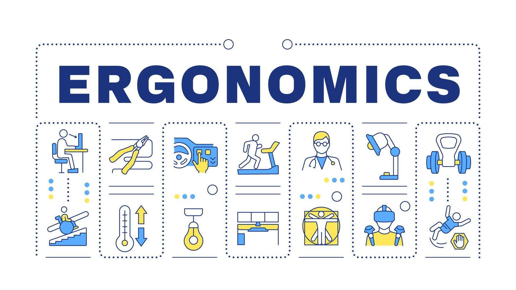 ergonomía azul palabra concepto aislado en blanco. producto seguridad. empleado bienestar, correcto postura. creativo ilustración bandera rodeado por editable línea vistoso íconos vector