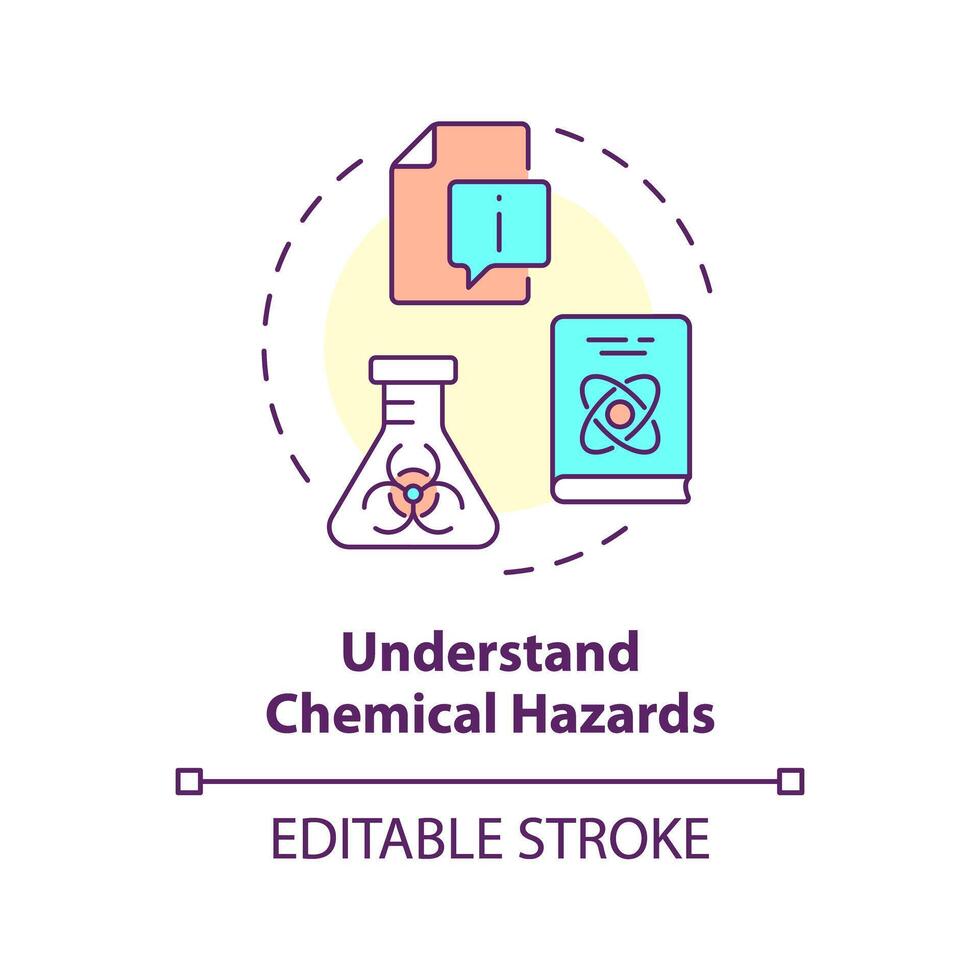entender químico riesgos multi color concepto icono. laboratorio información gestión. muestra seguimiento. redondo forma línea ilustración. resumen idea. gráfico diseño. fácil a utilizar presentación vector