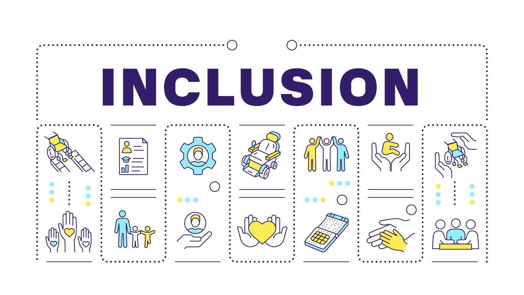 Inclusion purple word concept isolated on white. Diversity business disability. Social justice. Creative illustration banner surrounded by editable line colorful icons vector