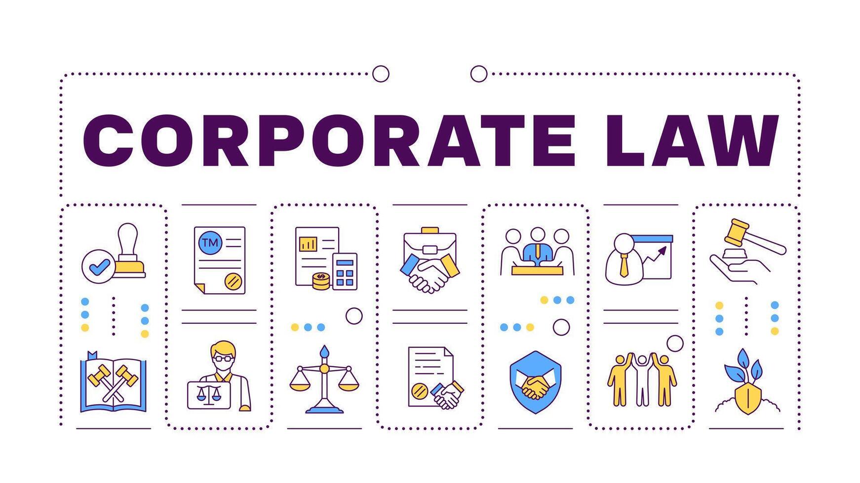 Corporate law turquoise word concept isolated on white. Litigation support. Business contract signing. Creative illustration banner surrounded by editable line colorful icons vector