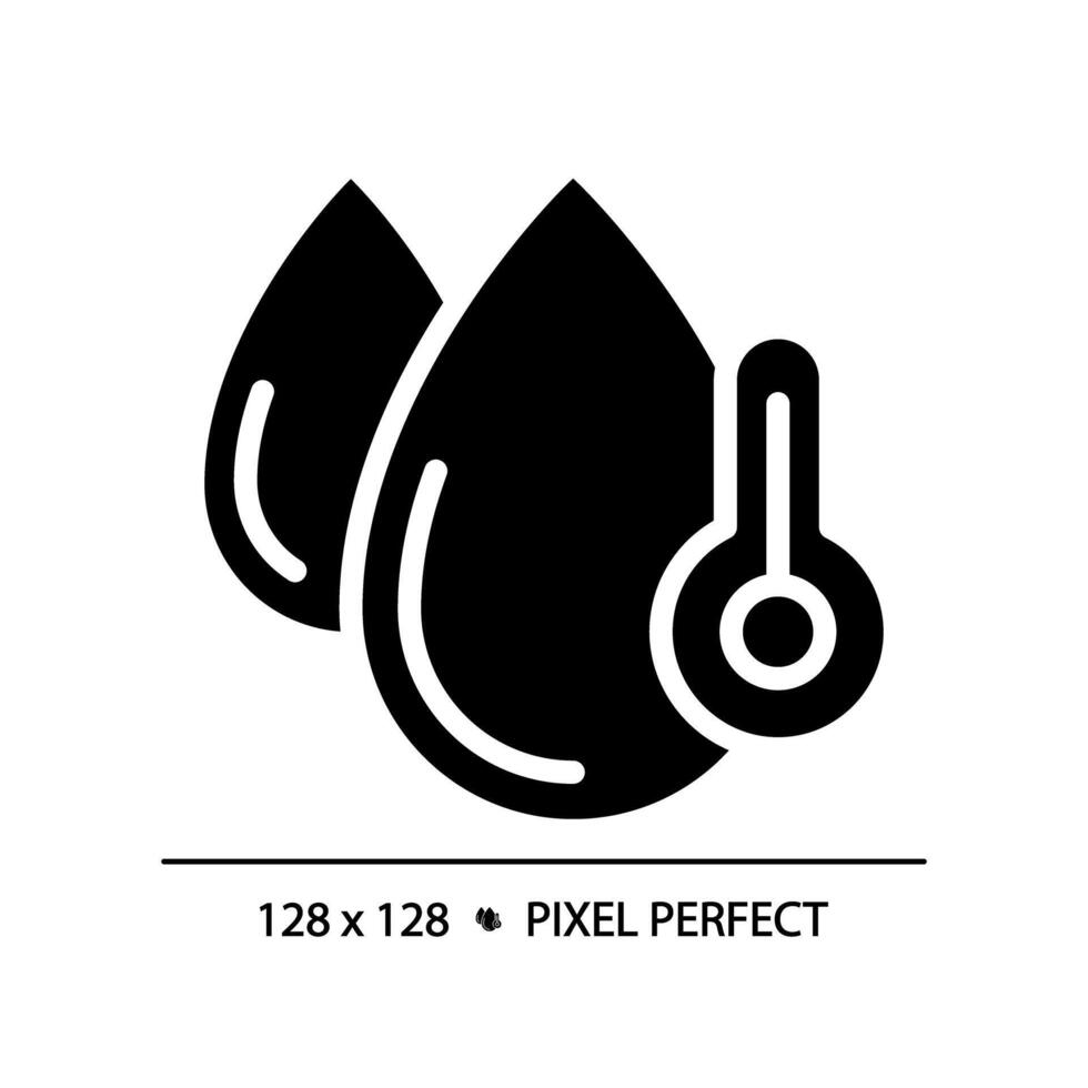Water temperature black glyph icon. Thermometer and water droplets. Temperature control equipment. Silhouette symbol on white space. Solid pictogram. Isolated illustration. Pixel perfect vector