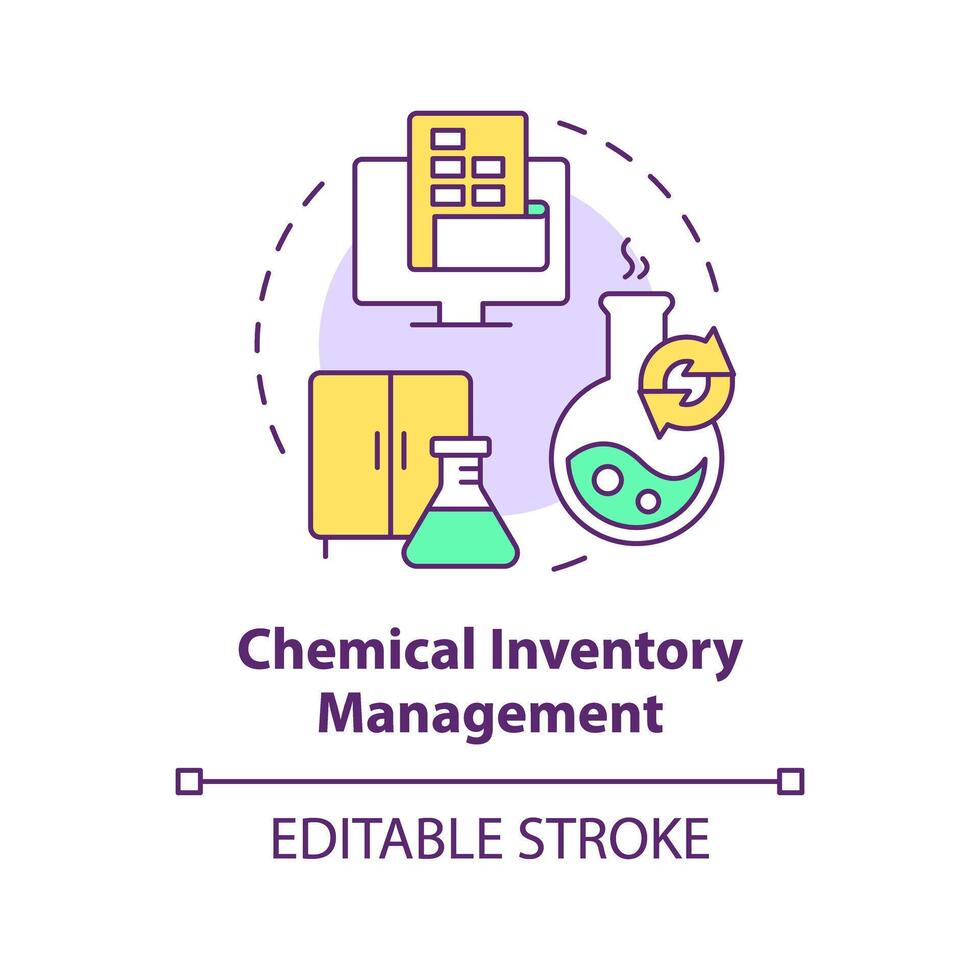 Chemical inventory management multi color concept icon. Chemical containers, workplace safety. Round shape line illustration. Abstract idea. Graphic design. Easy to use presentation, article vector