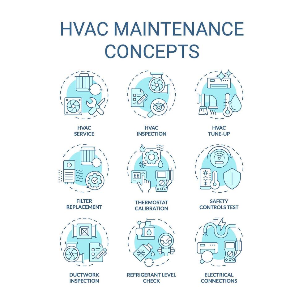 HVAC maintenance soft blue concept icons. Heating, ventilation and air conditioning. Indoor air quality. Commercial service. Icon pack. Round shape illustrations. Abstract idea vector
